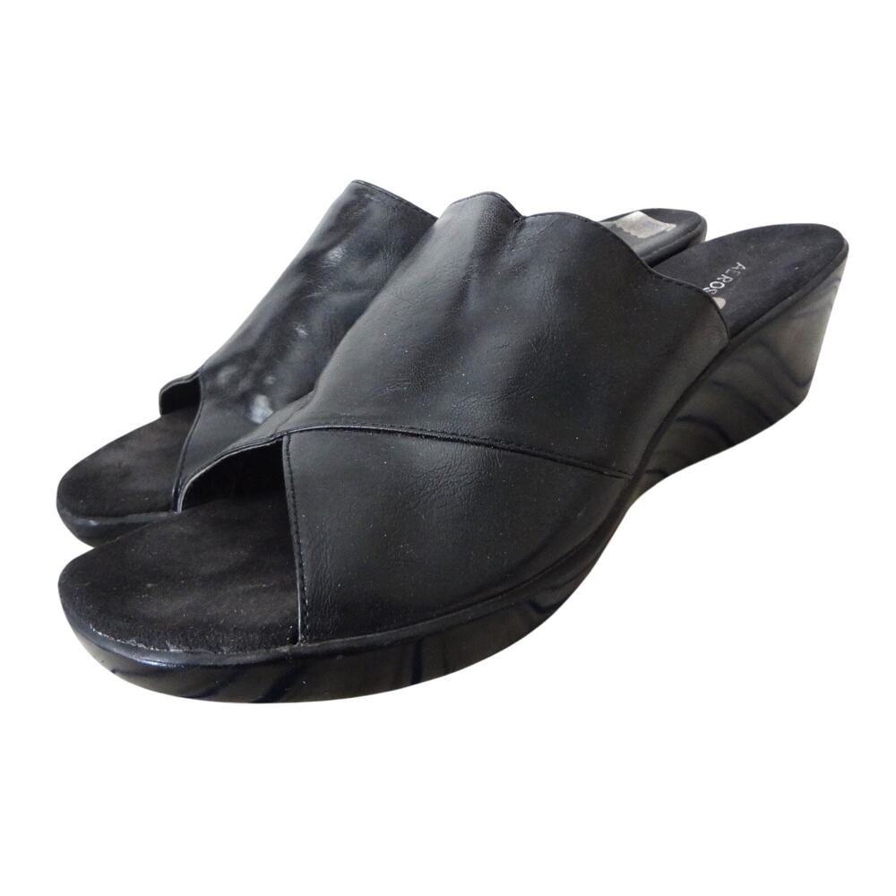 Vintage Y2K Aerosoles Vegan Black Leather Wedge Heel Open Toe Sandal 12 Slip on